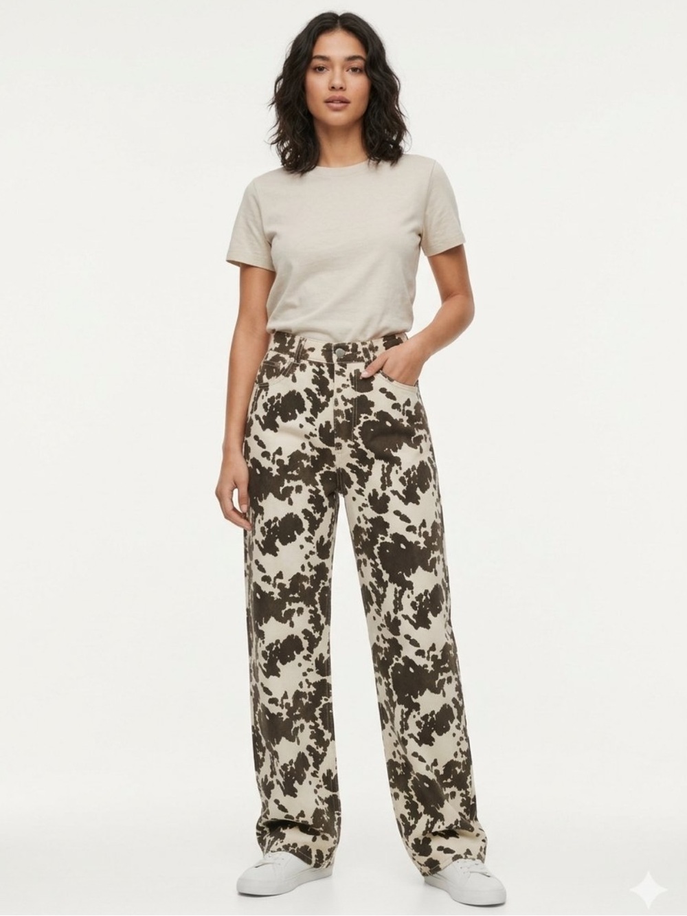 ZARA Woman’s Trendy Cow Print High Rise Wide Leg Denim Jeans Size 31